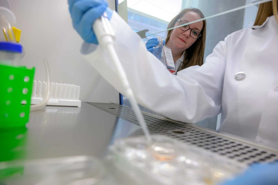 Lab researchers working with a pipette under a hood